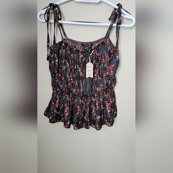 RACHEL ZOE Satin Floral Dark Blue SET Spagetti Top Elastic Wide Legs Pants S - Picture 3 of 14